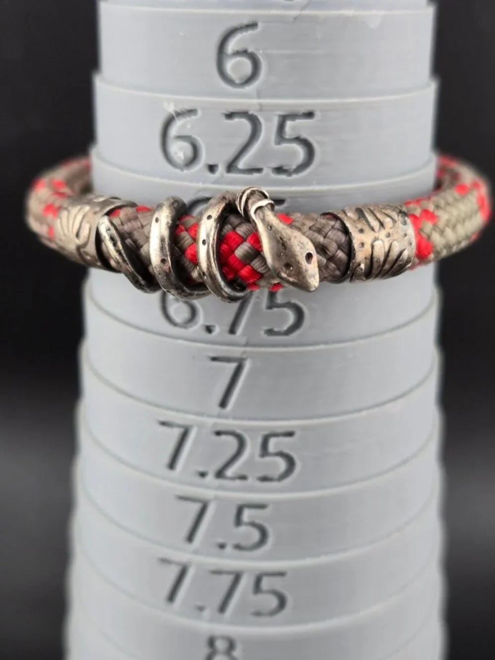 Vintage Mens Snake Red and Gray Cord Bracelet Metal Accents 6.25